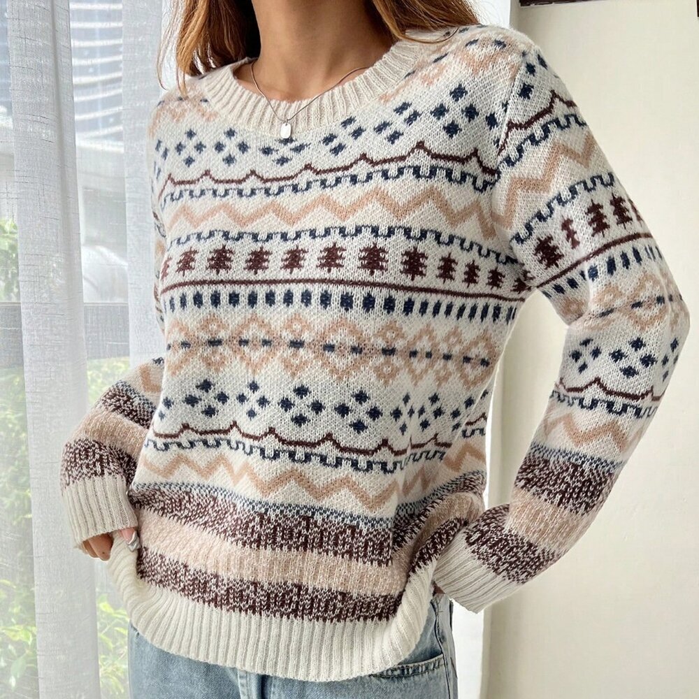 Multicolor Casual Women's Loose Fit Geometric Pattern Crew Neck Sweater - Picture 5 of 6